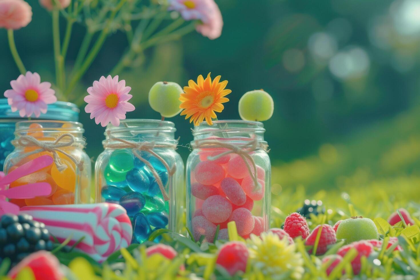 AI generated colorful jelly candy in jars near green grass and flower photo