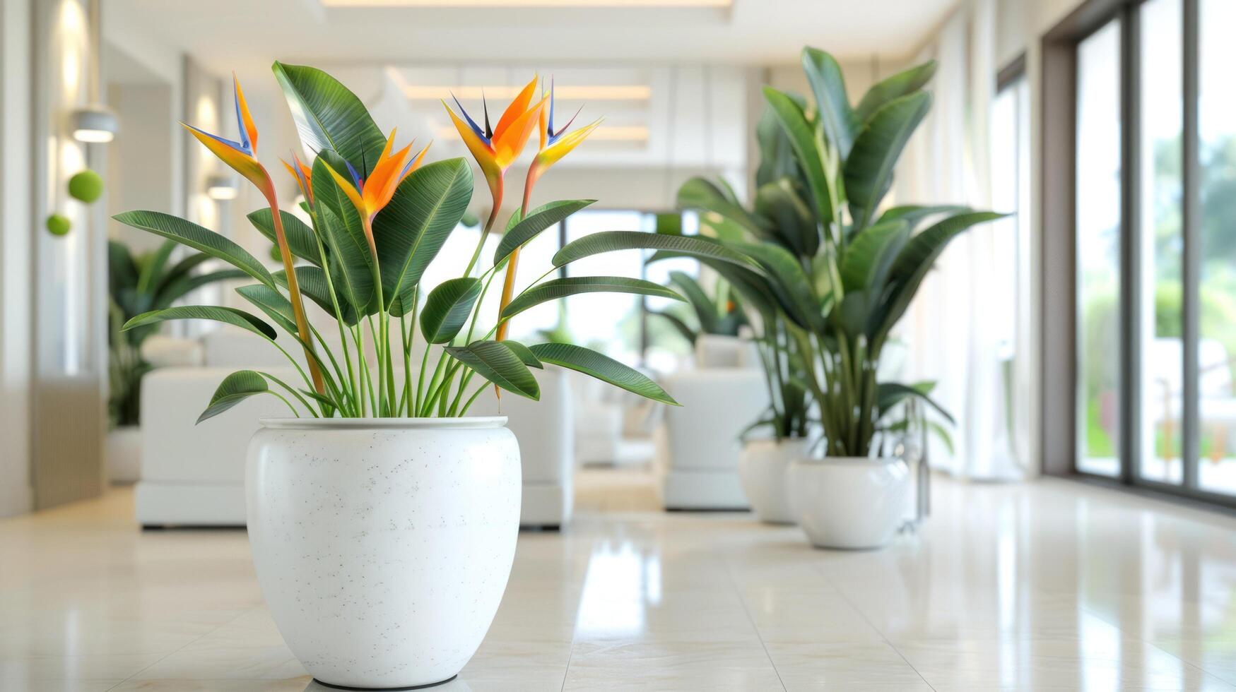 AI generated Beautiful flowering Strelitzia plants in a white ceramic large pot in the interior of a modern bright living room photo