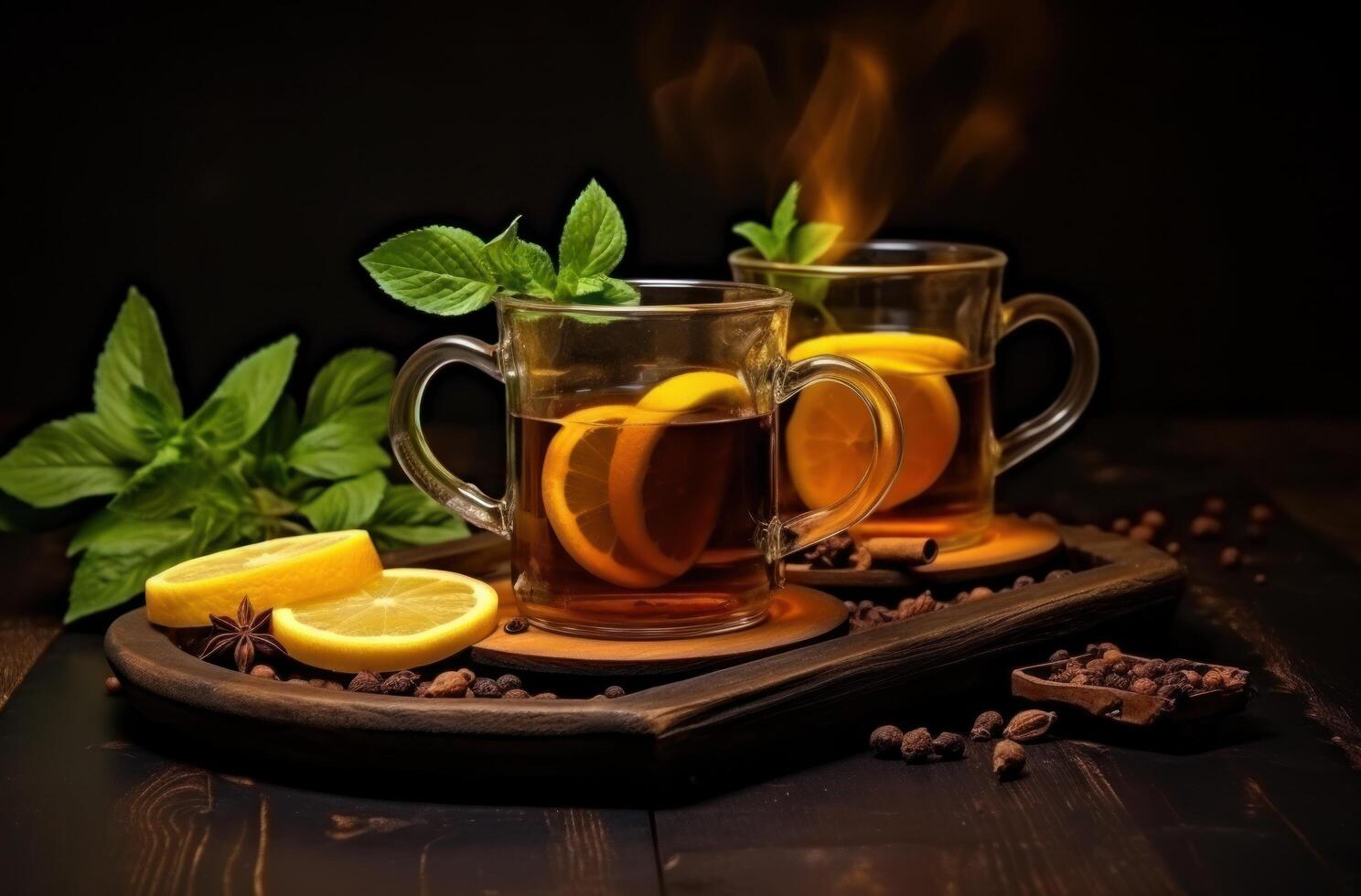 AI generated tea with cinnamon, orange, lemon, herbs and mint photo