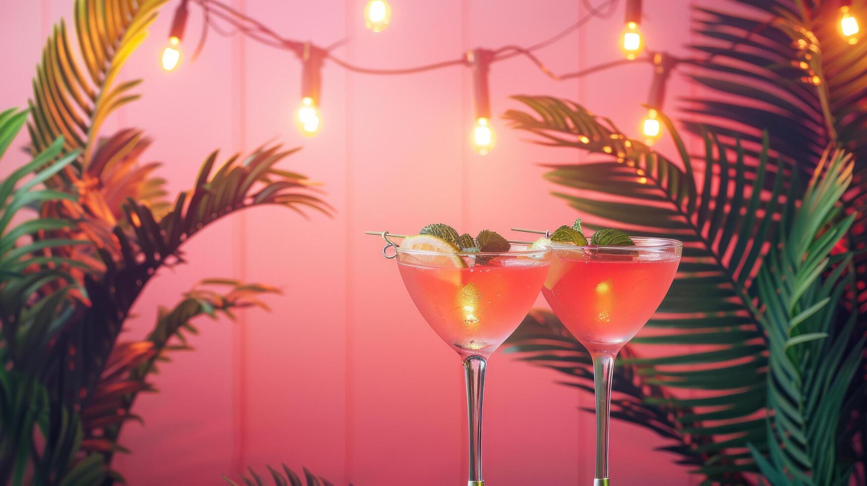 AI generated Abstract minimalistic background for a summer holiday party with palm trees, alcoholic cocktails, garlands photo