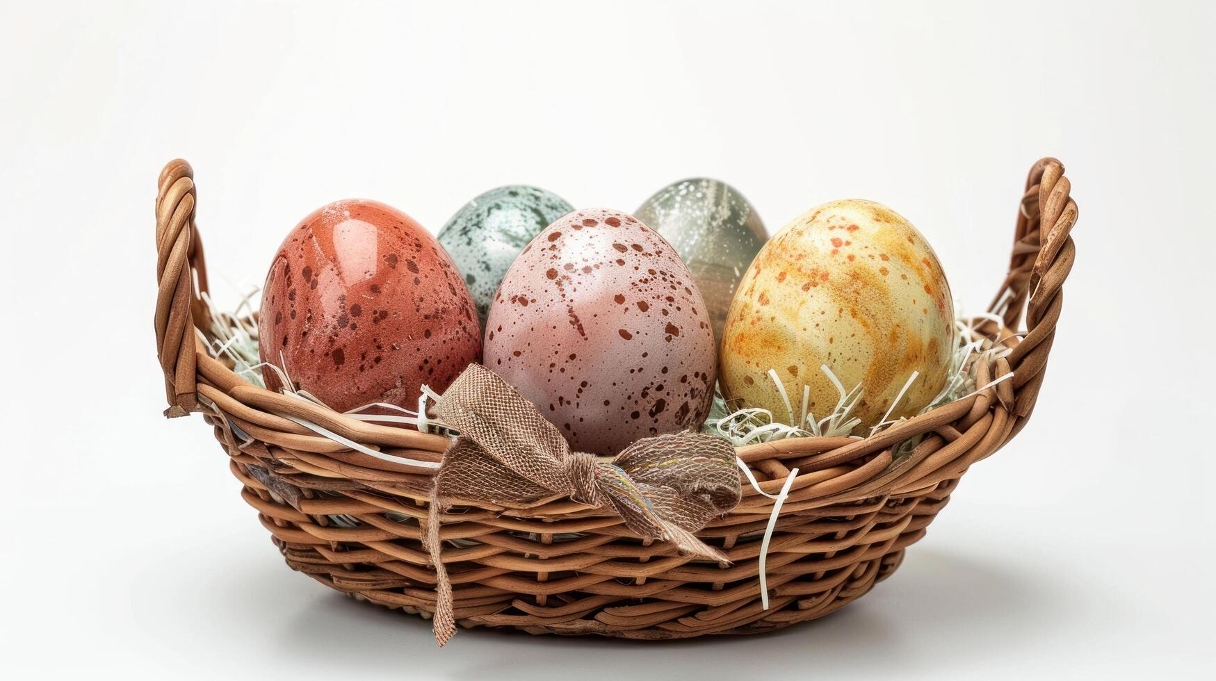 AI generated Easter eggs in a basket with a bow, isolated on a white background photo