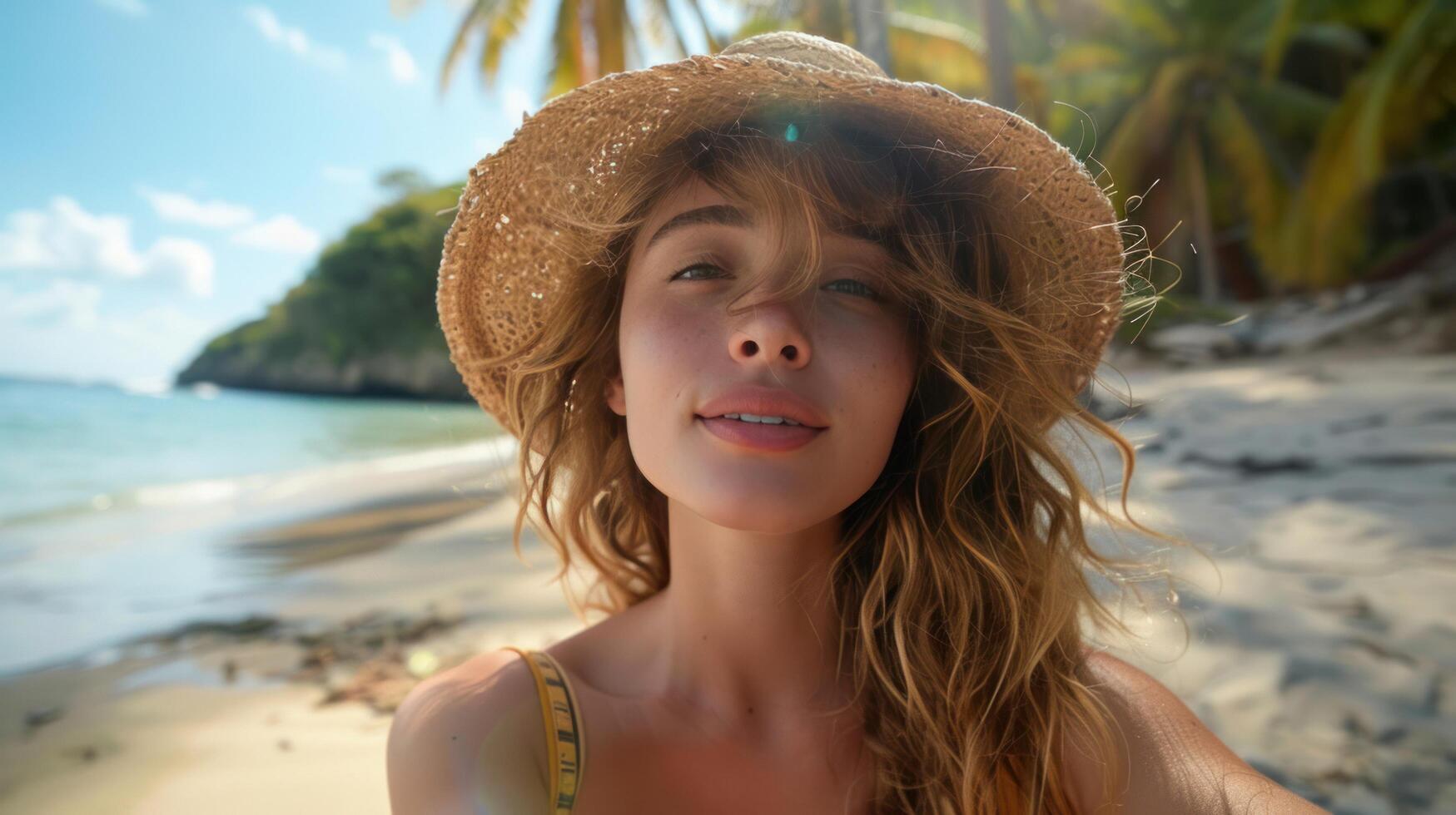 AI generated Upbeat young female tourist enjoying a sunny beach paradise. photo