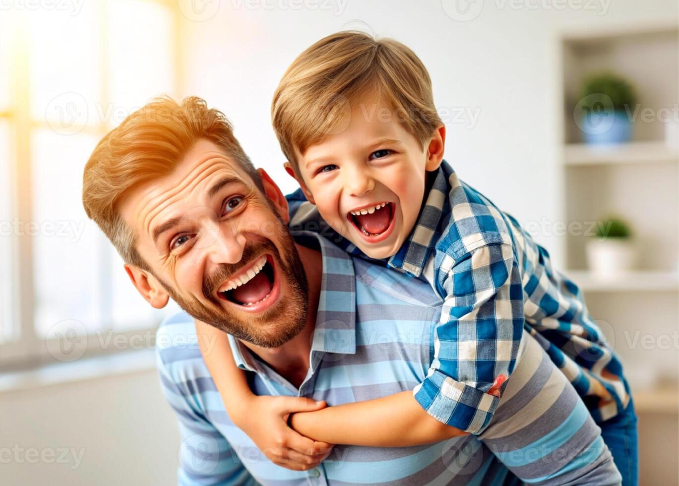 ai generado padre y hijo teniendo divertido a hogar foto