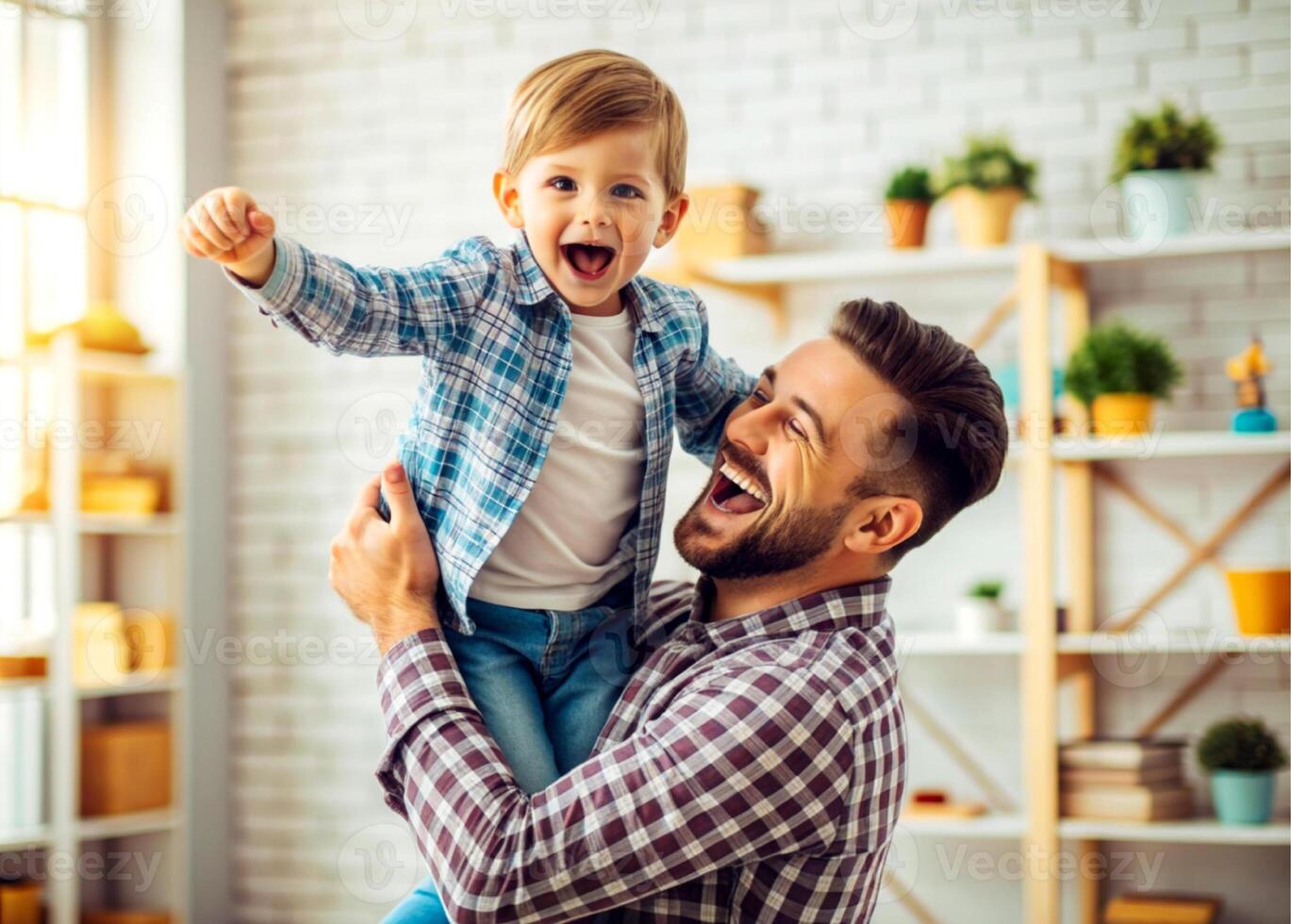 AI generated father and son having fun at home photo