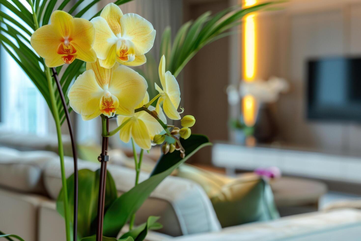 AI generated Beautiful yellow orchid flower close-up in the interior. Back view of blurred light background of modern living room photo