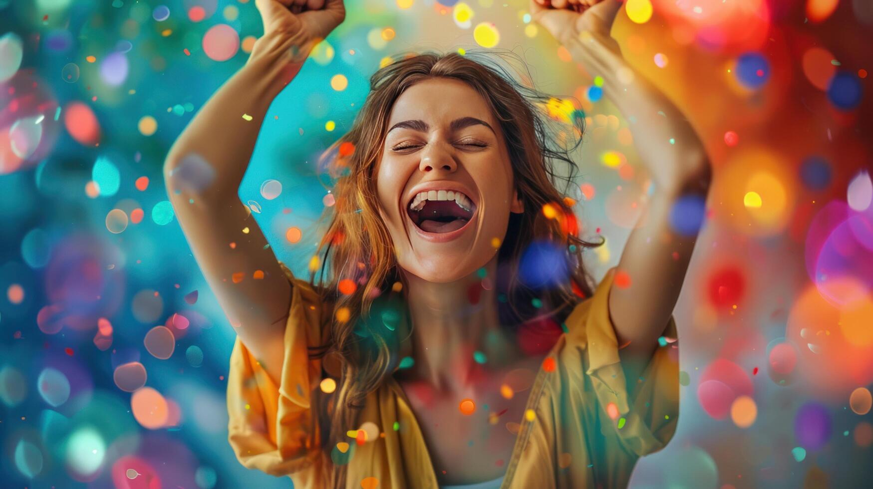 AI generated Image of a jubilant woman celebrating loudly with her fist raised in victory after winning the lottery photo
