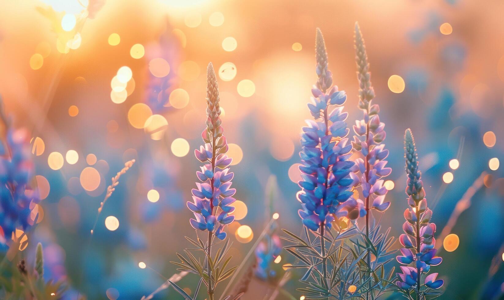 AI generated grassy bokeh sky with blue flowers photo