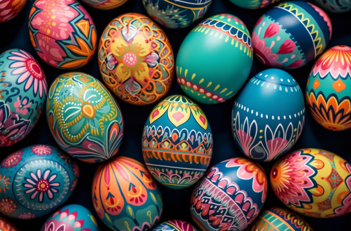 AI generated a large group of colorful painted eggs on a blue surface photo