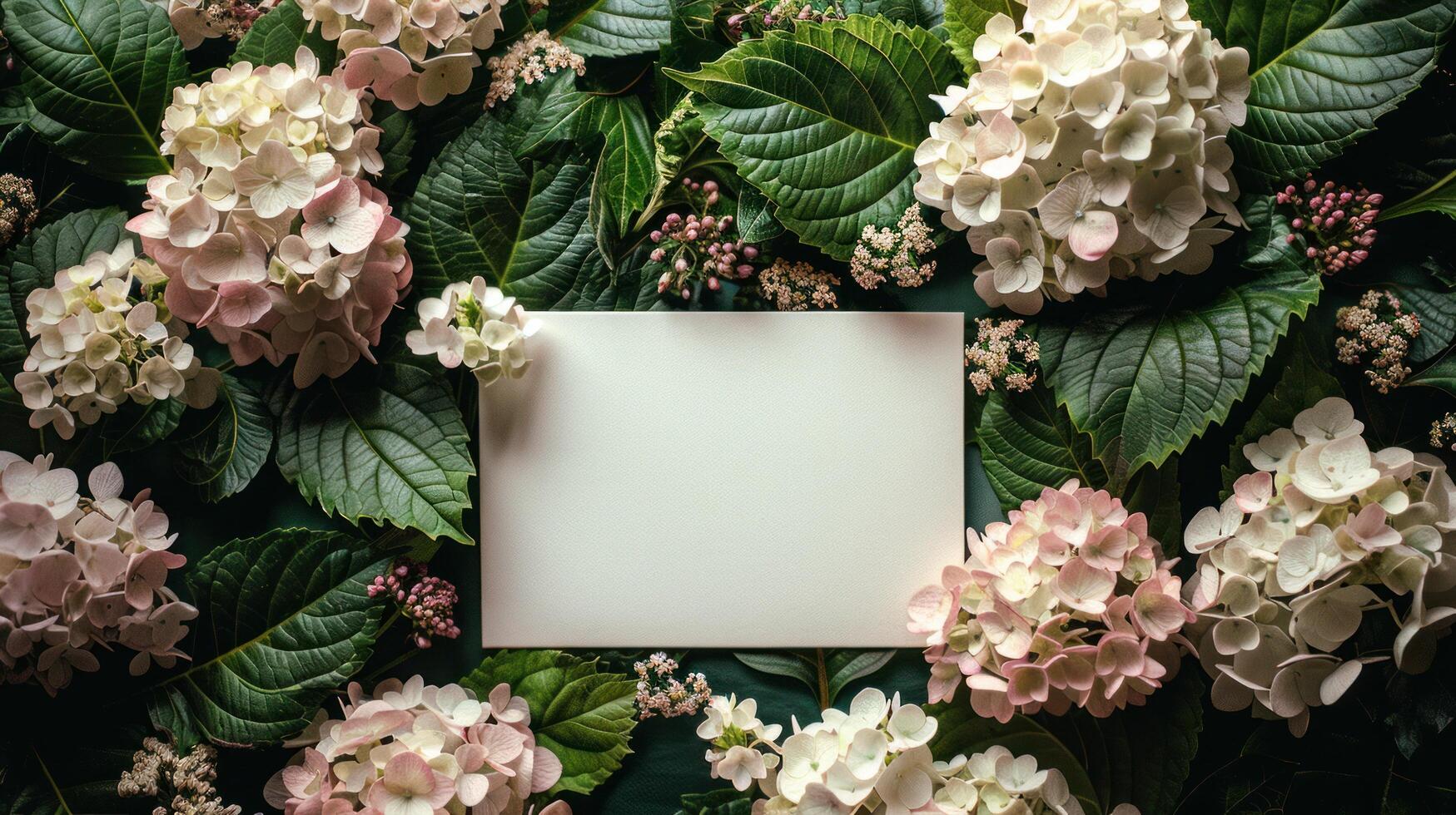 ai generado Bosquejo de un invitación tarjeta adornado con hortensia y Gypsophila flor decoraciones foto