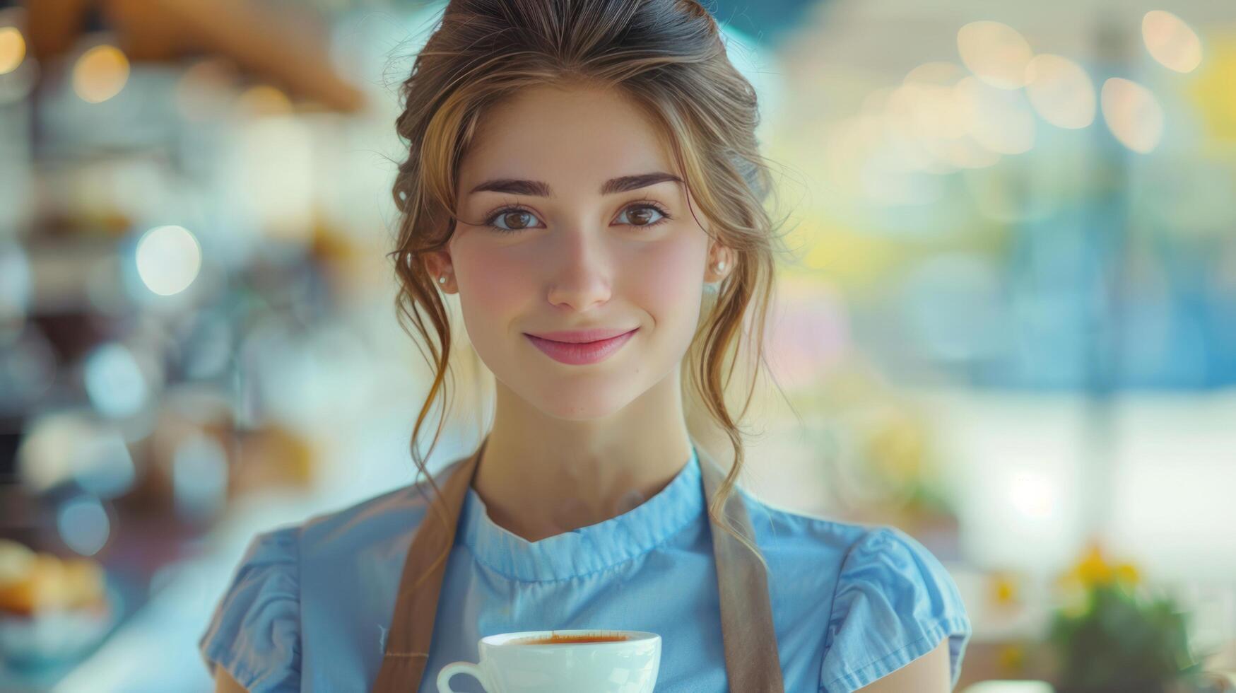 ai generado un joven hermosa camarera en un azul vestir y delantal es participación un bandeja de café en su manos foto