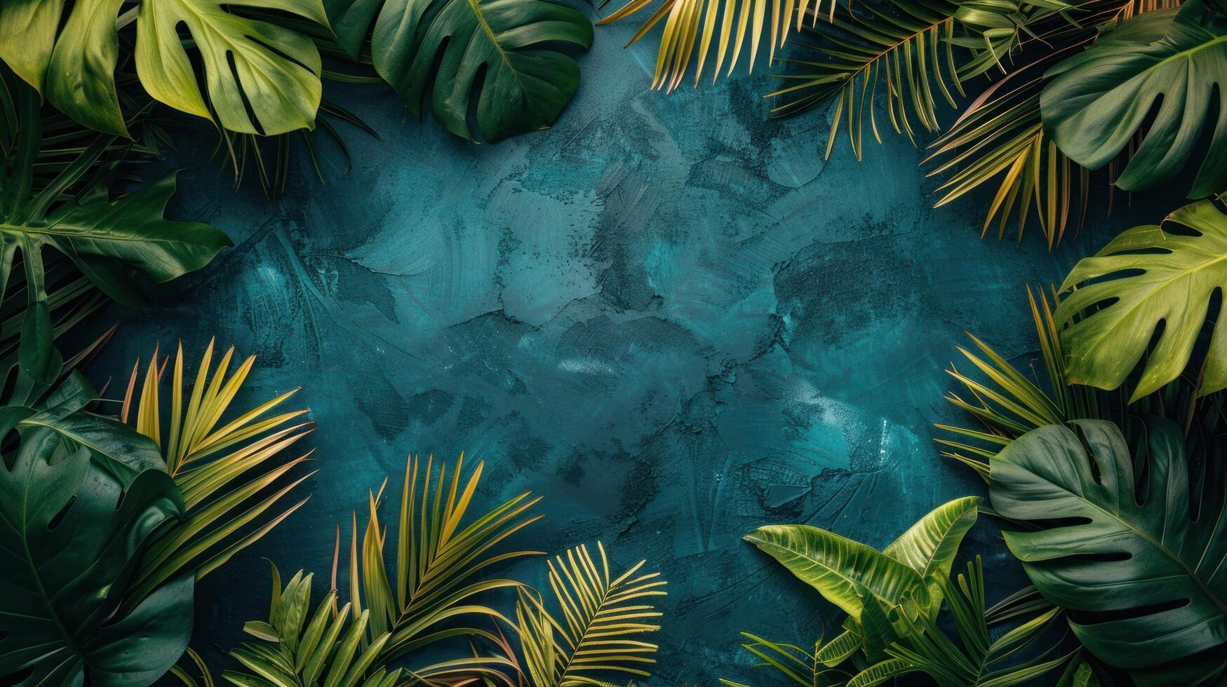 AI generated Tropical palm leaves arranged in a flat lay summer background with an empty space photo