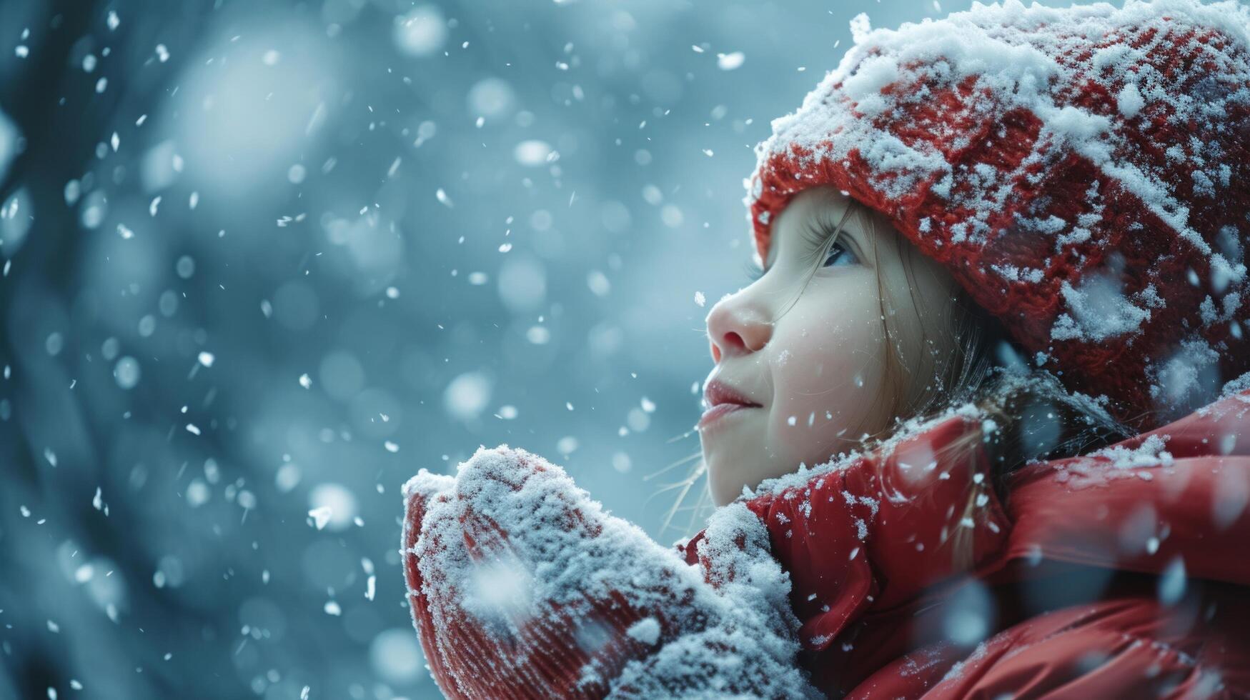 AI generated A child's first encounter with snow, touching the cold with wonder and amazement photo