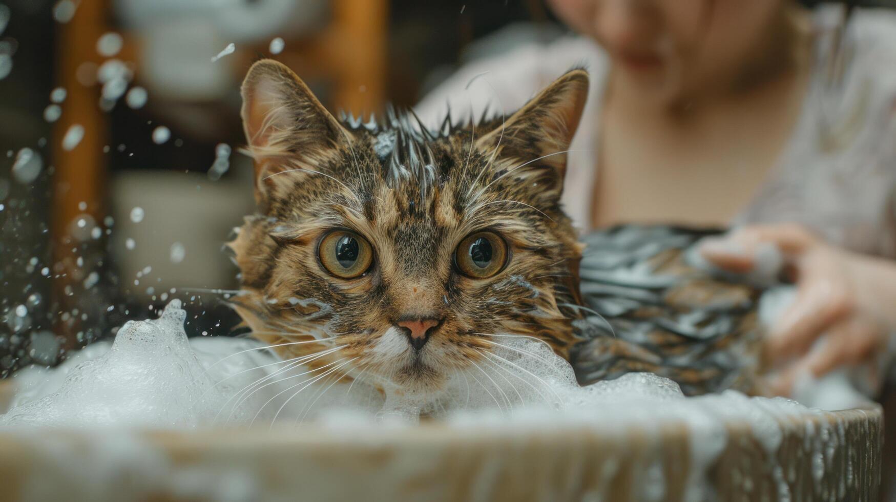 AI generated a young woman washes a cat in the washbasin. the cat is all wet and covered in shampoo foam photo