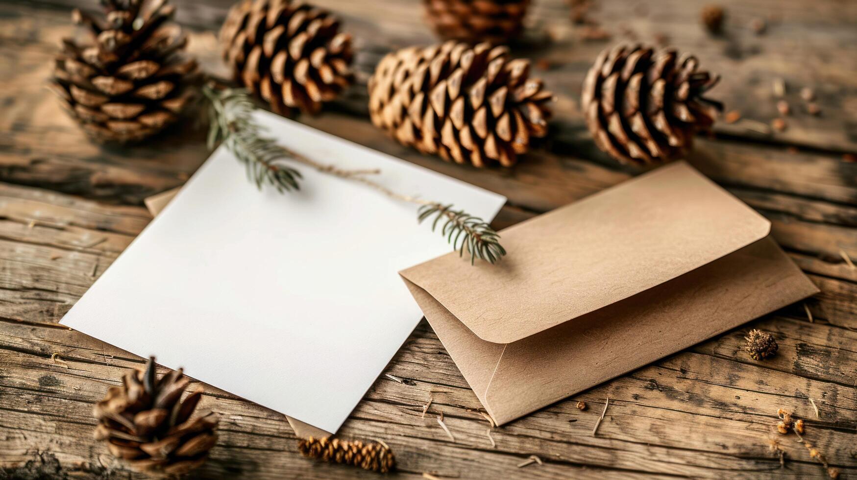 AI generated A white paper card placed on a rustic wooden table, accompanied by a brown envelope and pine cones photo