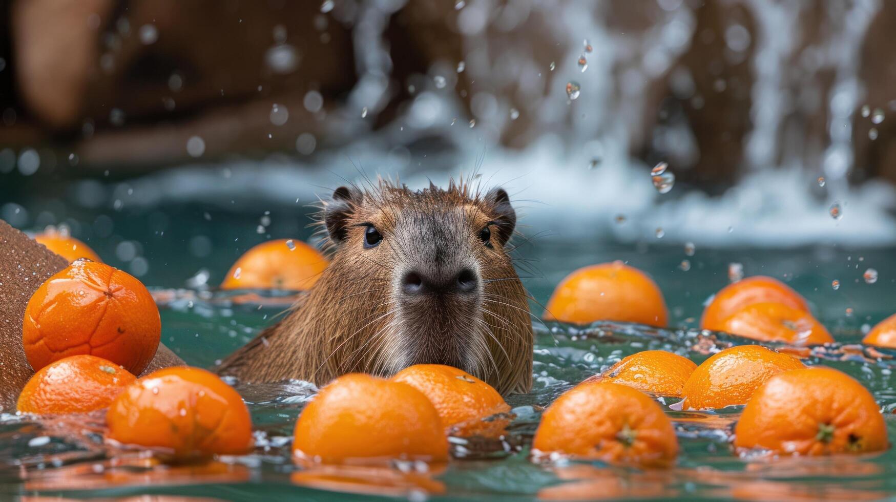 AI generated Capybara swims in a pool with tangerines photo