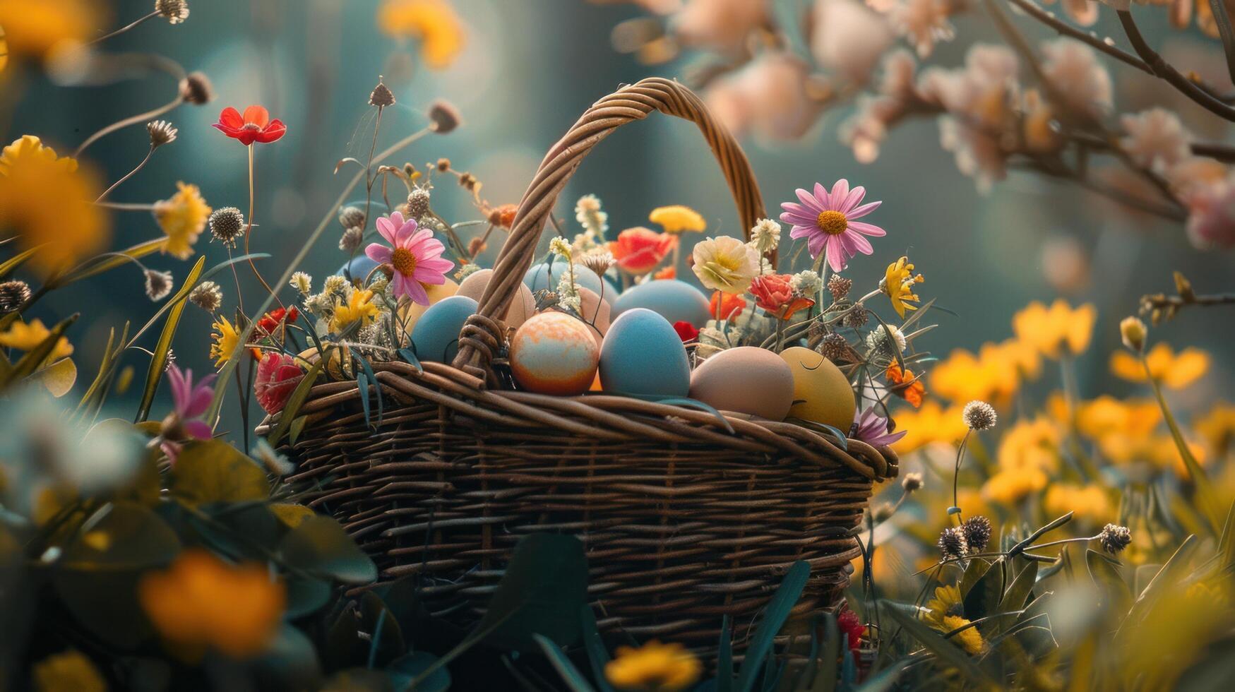 AI generated A vibrant Easter basket overflows with colorful eggs, nestled among fresh spring flowers photo