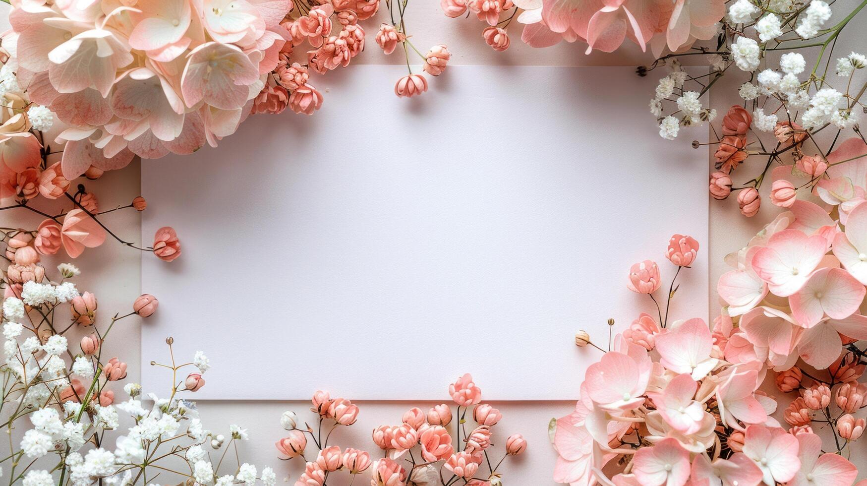 AI generated Mockup of an invitation card adorned with hydrangea and gypsophila flower decorations photo