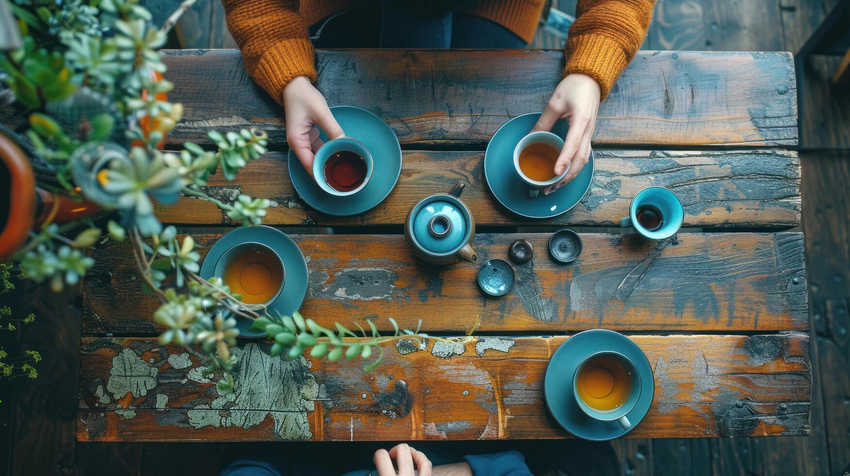 AI generated A tea set on a wooden table from above, creating a serene background for a tea ceremony. photo