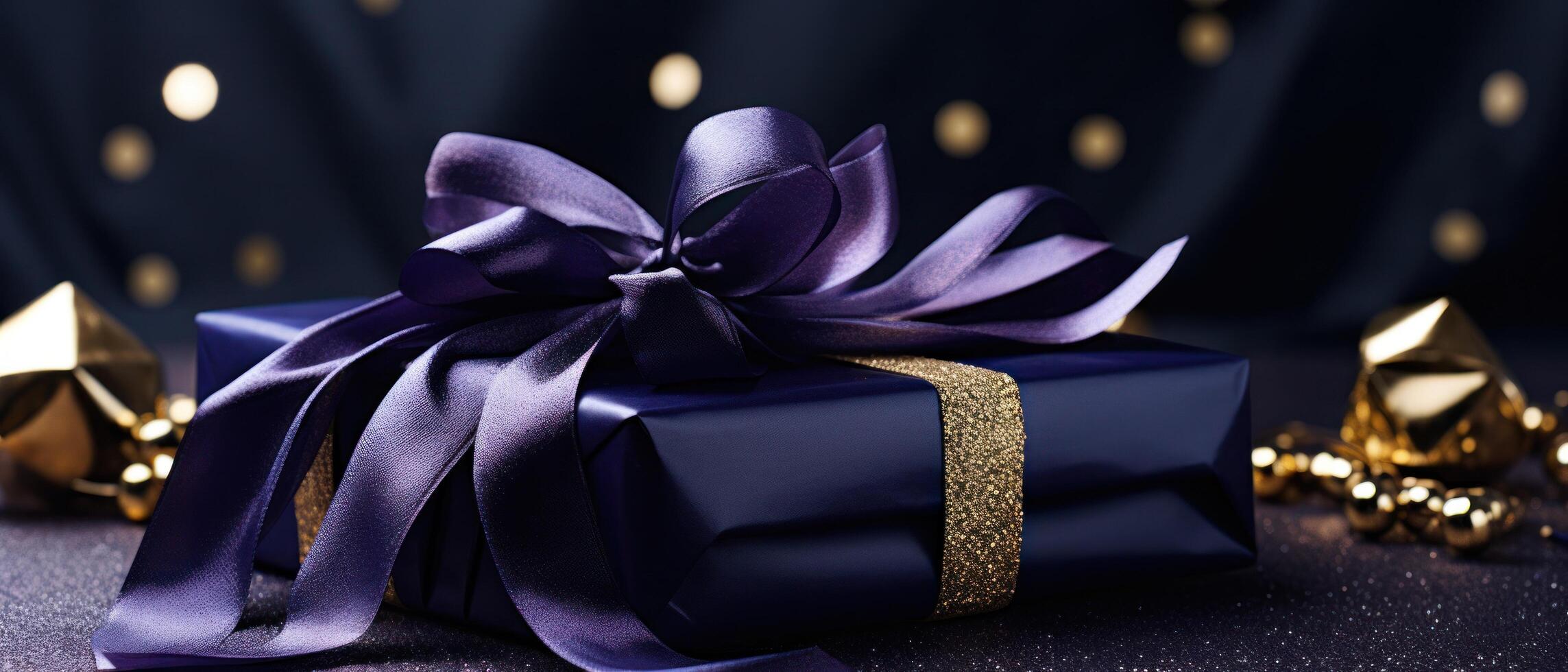 AI generated a violet gift wrapped in a shiny ribbon photo