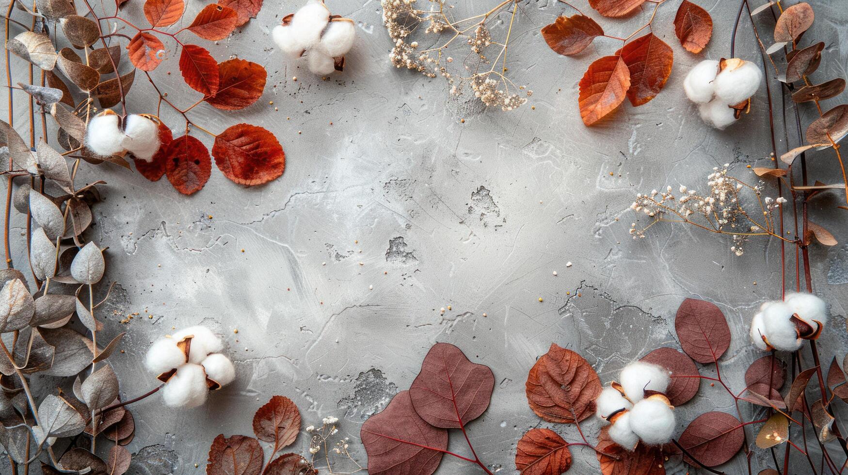 AI generated Eucalyptus Branches, Cotton Flowers, and Dried Leaves in a Frame on a Pastel Gray Background photo