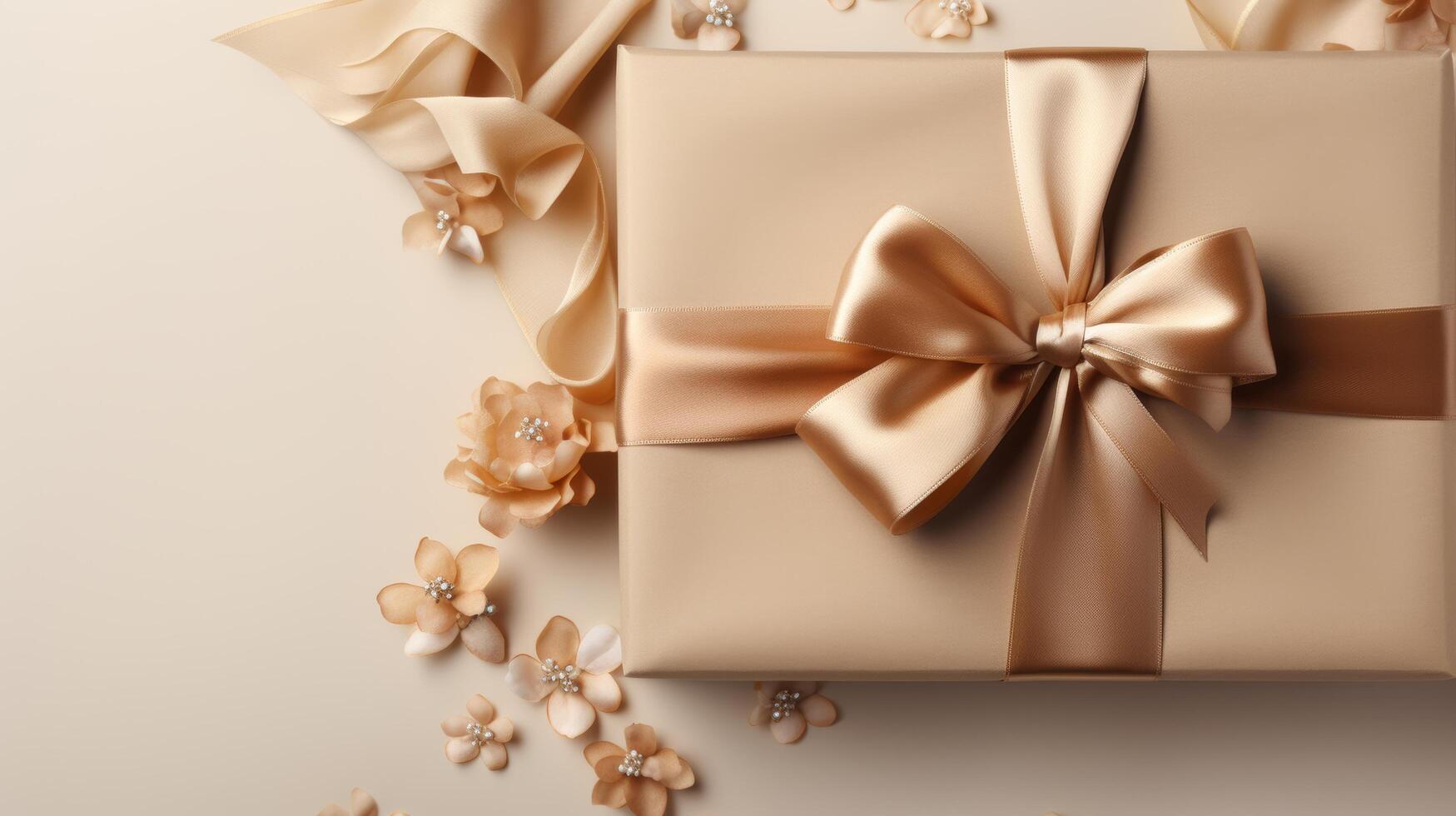 AI generated An elegant abstract pattern adorning a wrapped gift box, complemented by a satin ribbon, exuding simplicity and finesse. photo