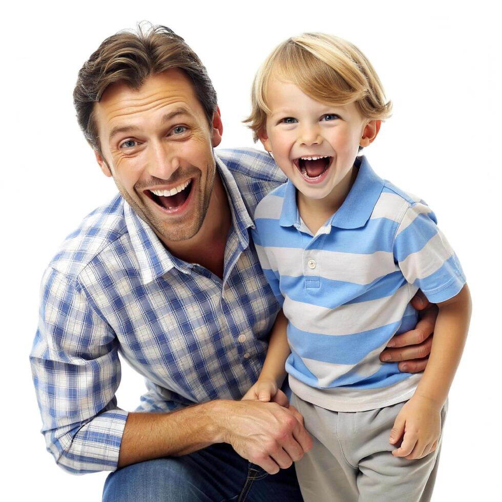 AI generated father and son having fun white background photo