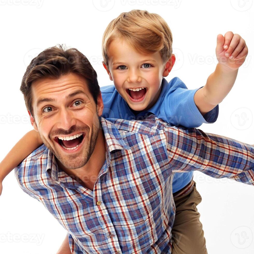 AI generated father and son having fun white background photo