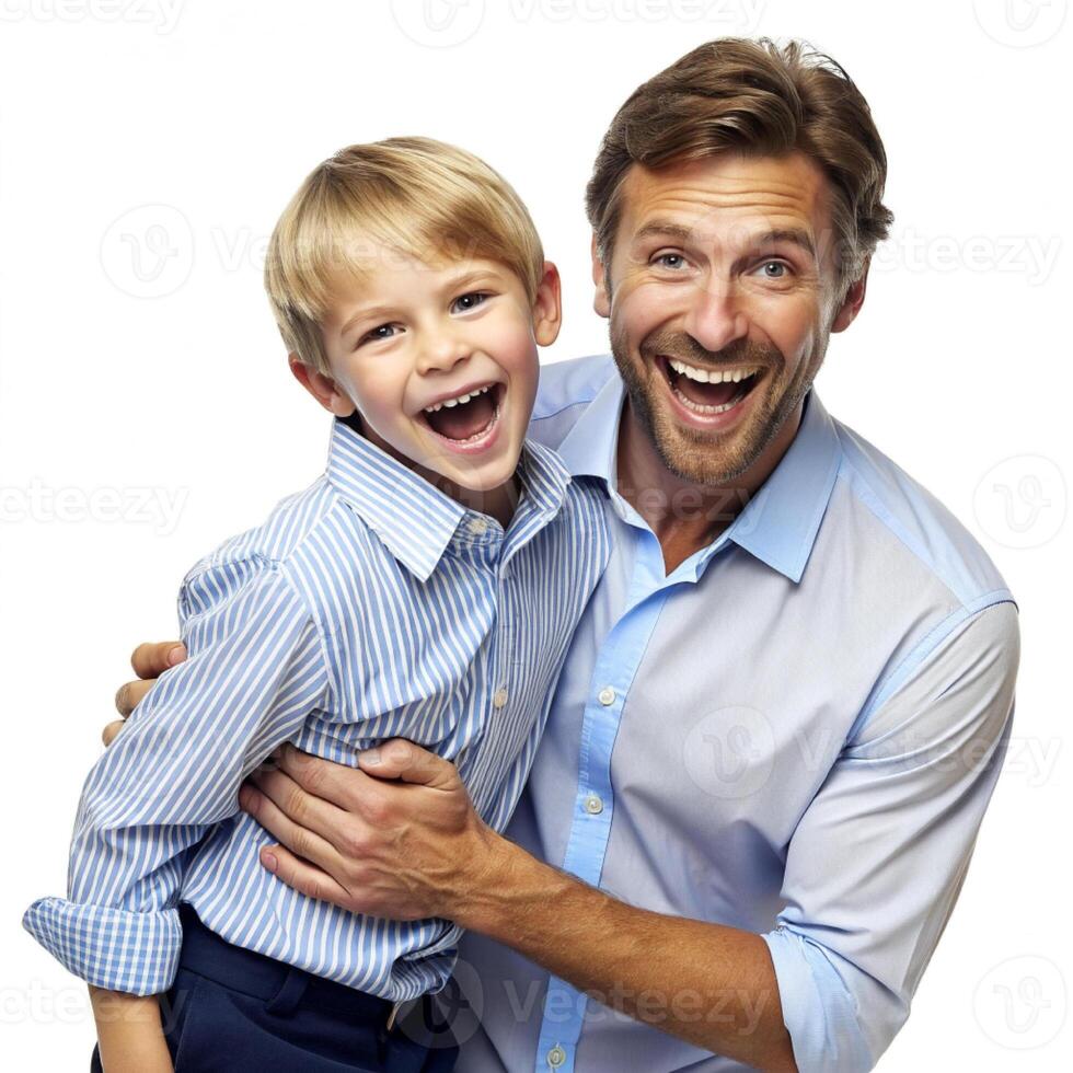 AI generated father and son having fun white background photo
