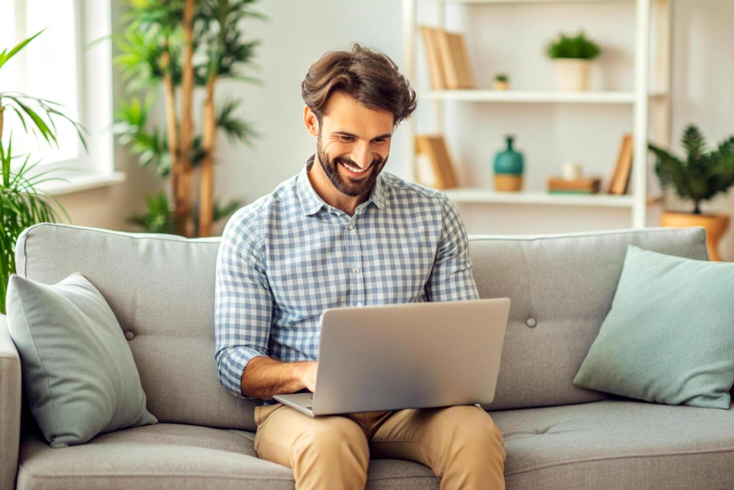 AI generated happy young Man working from home  sitting with laptop on sofa photo