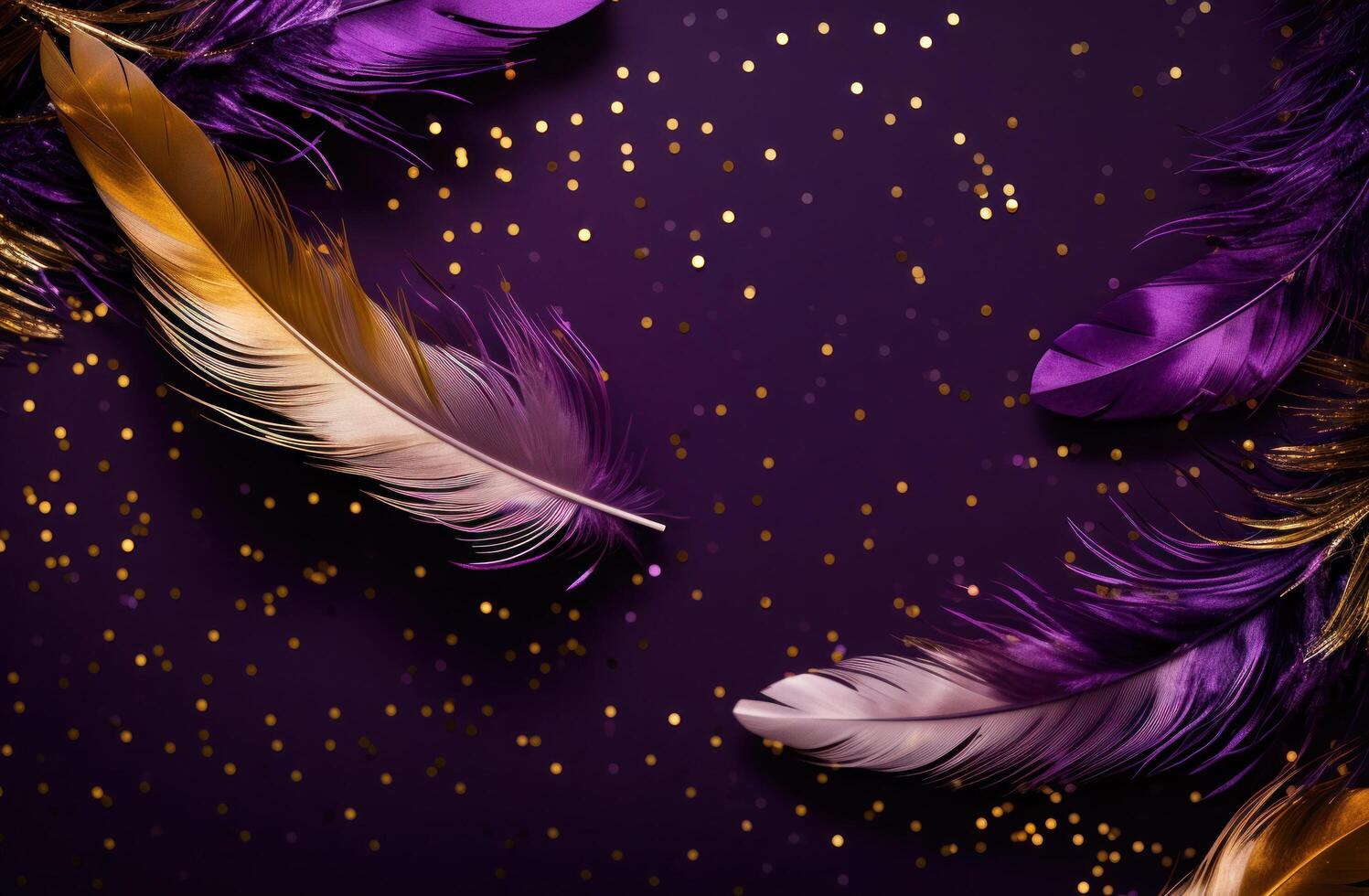 AI generated Purple and gold feathers set against a purple background. photo