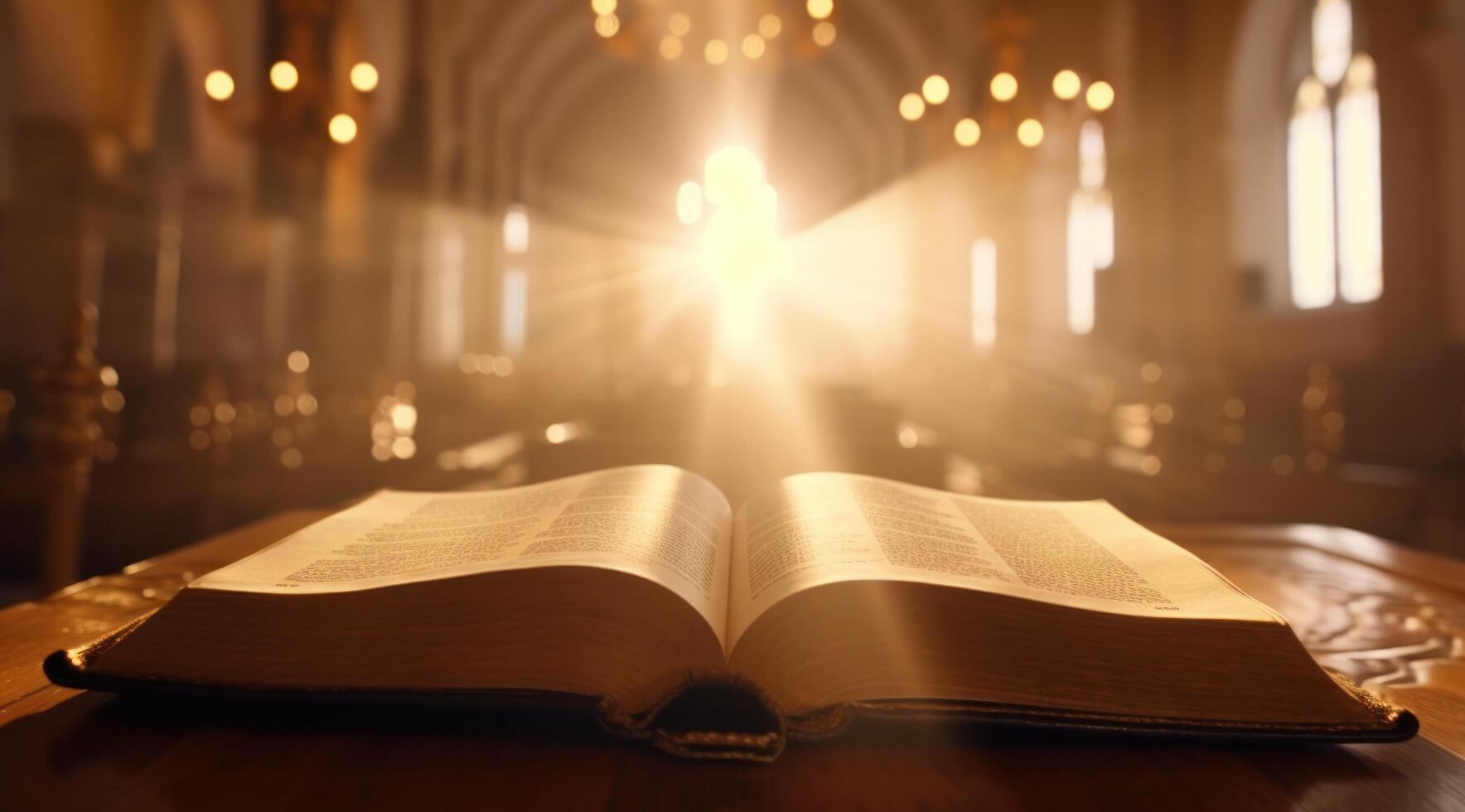 AI generated open bible with church silhouette in front of it photo