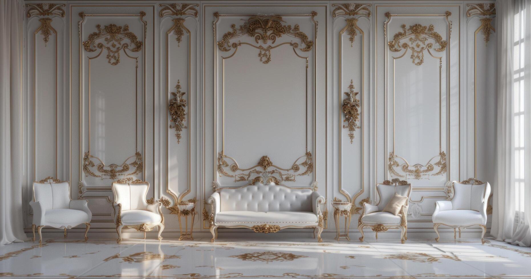 AI generated a posh room with white, gold wall panels photo
