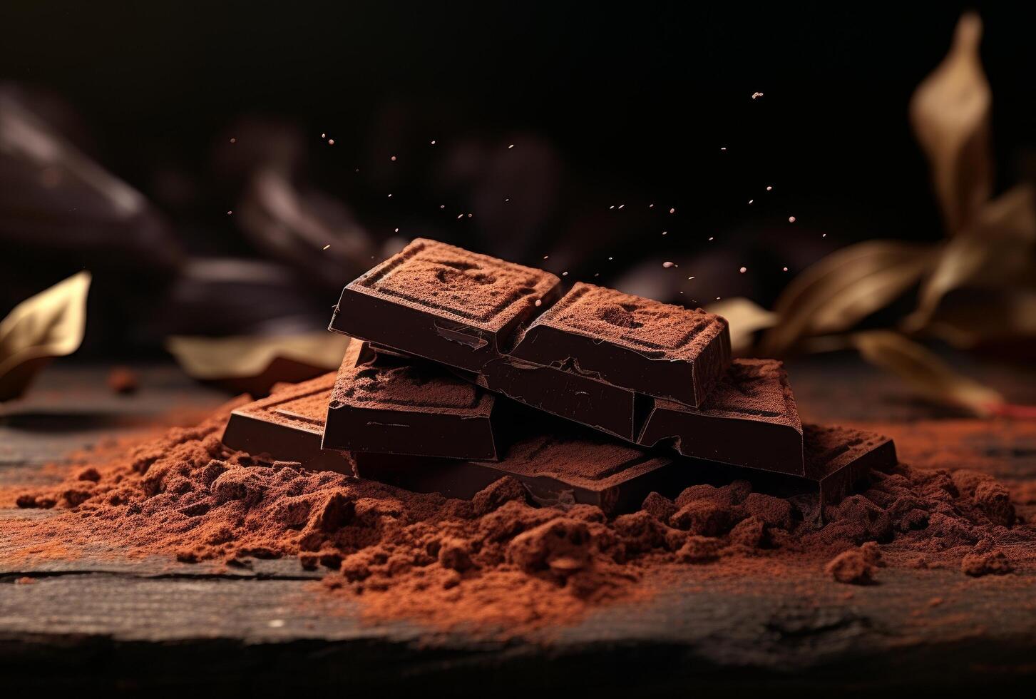 AI generated dark chocolate bar, chocolate flakes and powder on a hard wooden surface photo