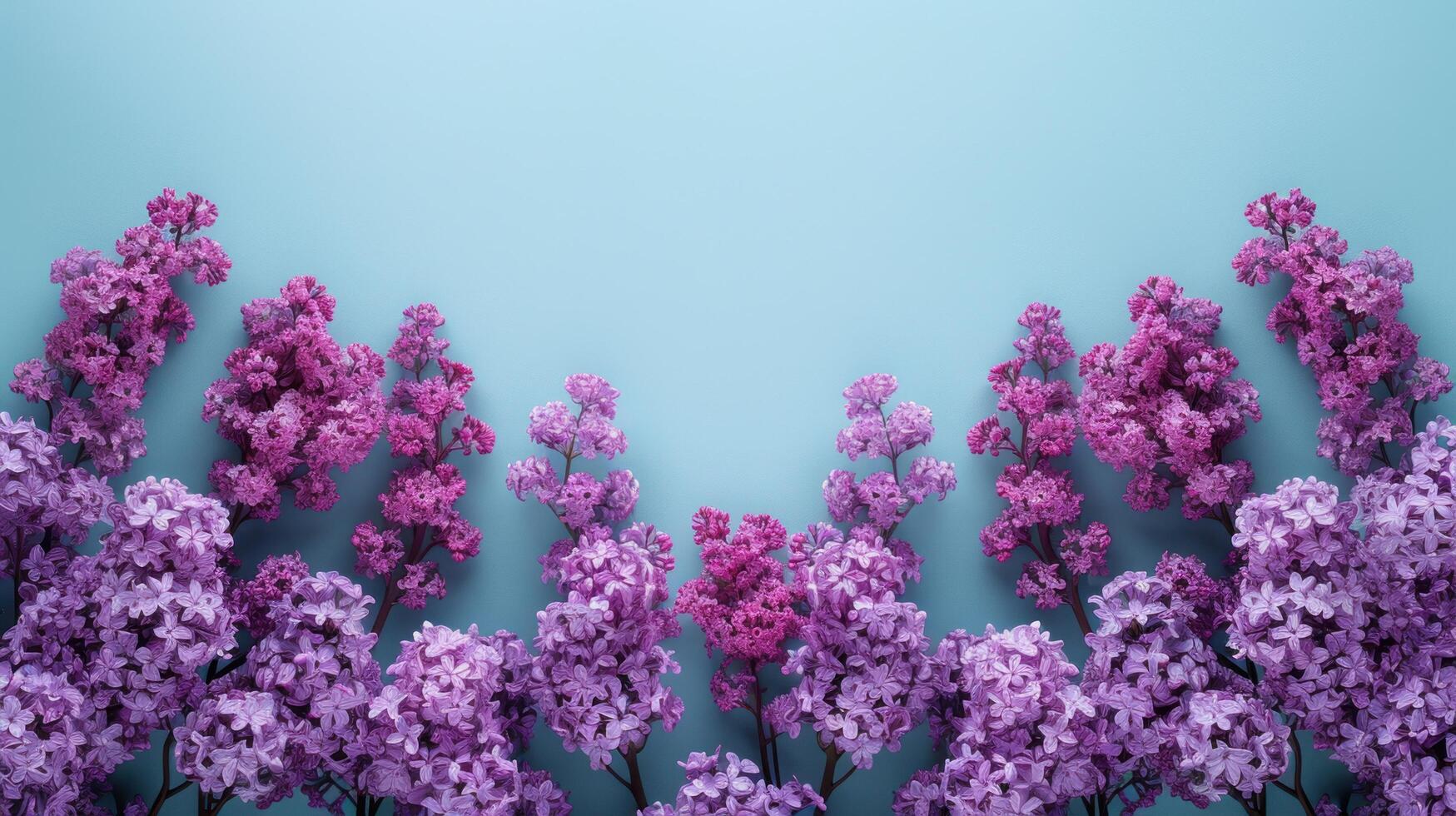 AI generated Lovely spring lilac flowers arranged with an empty purple envelope against a blue backdrop. photo