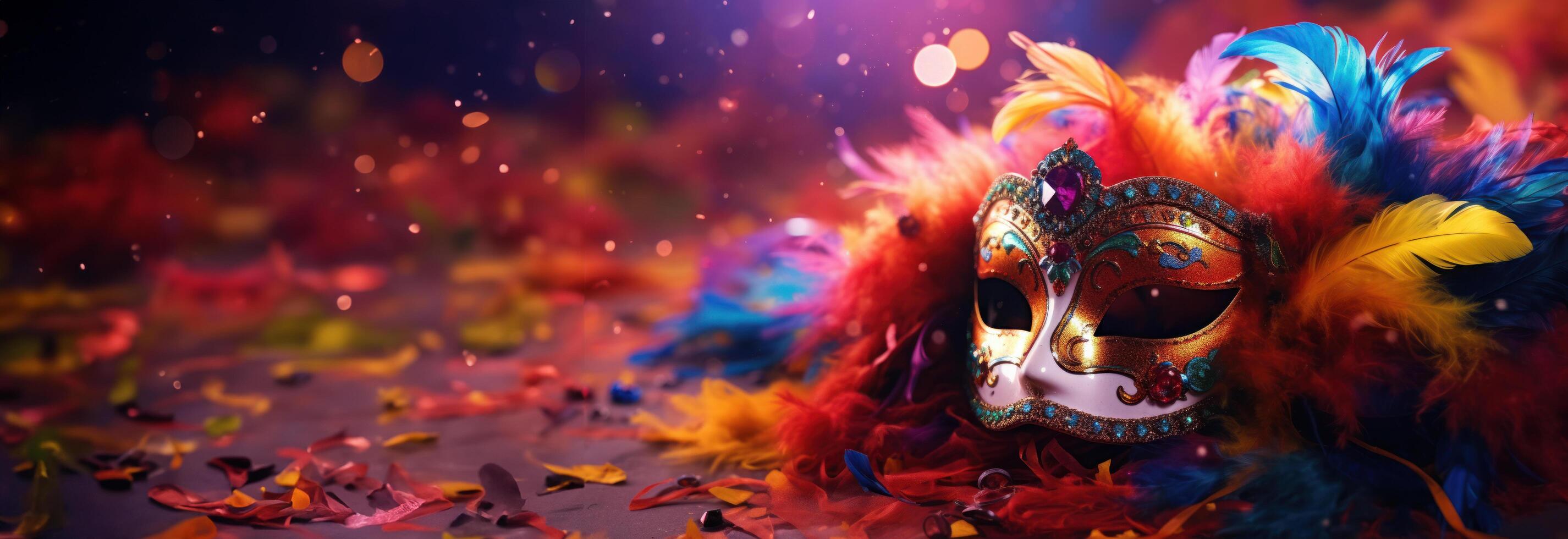 AI generated carnival mask over colorful feathers and frills on a colorful background photo