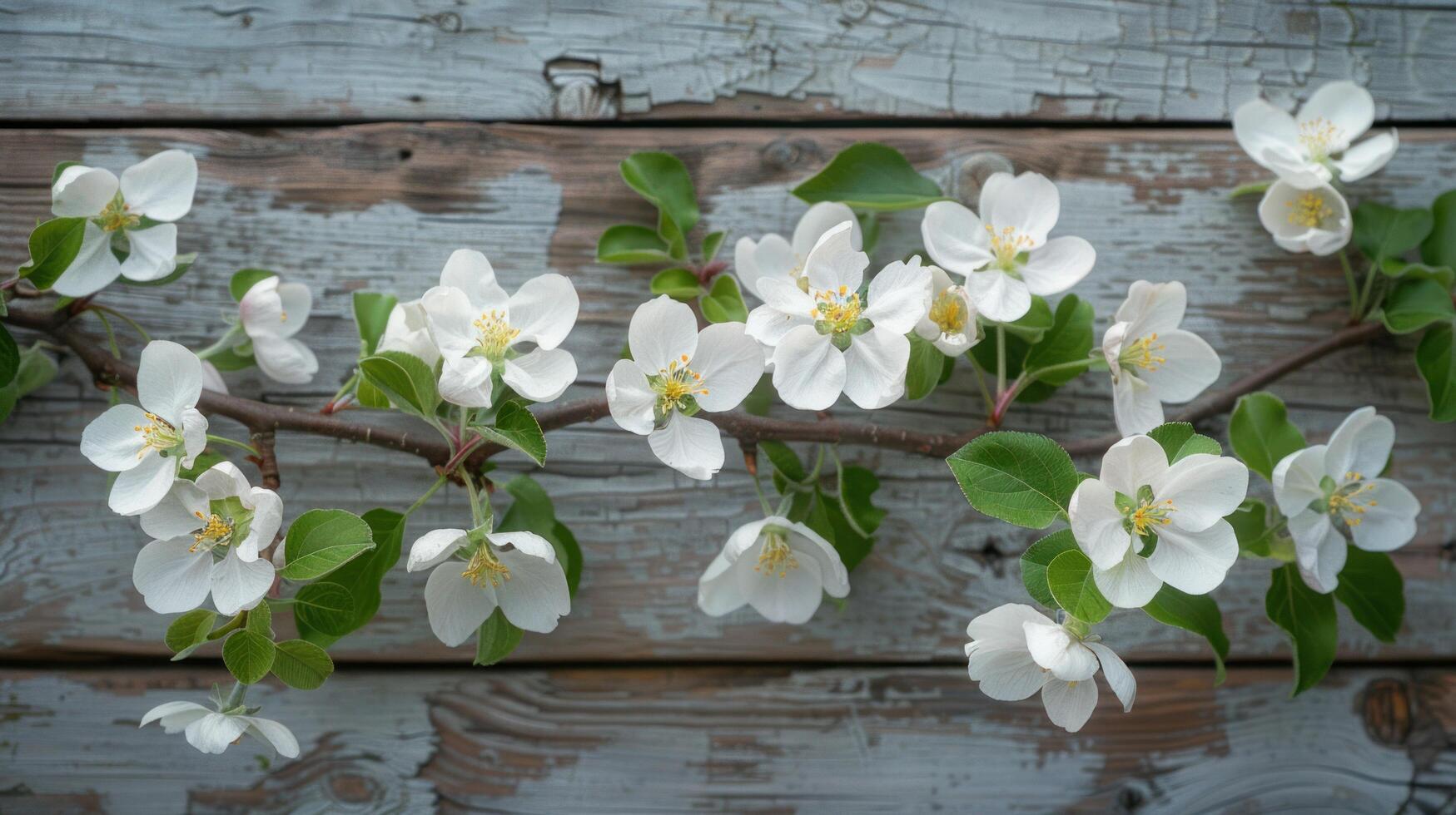 AI generated Blooming branches in spring against a wooden backdrop, showcasing apple blossoms photo