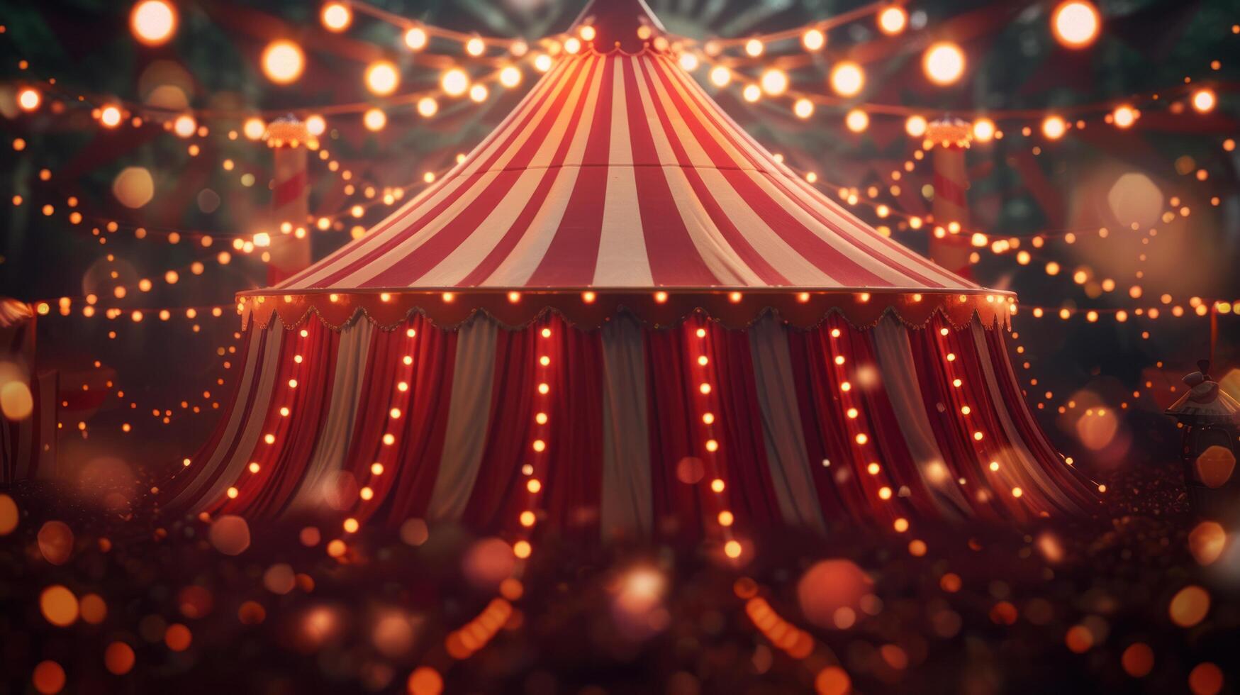 AI generated A whimsical circus tent background, adorned with striped awnings, twinkling lights photo