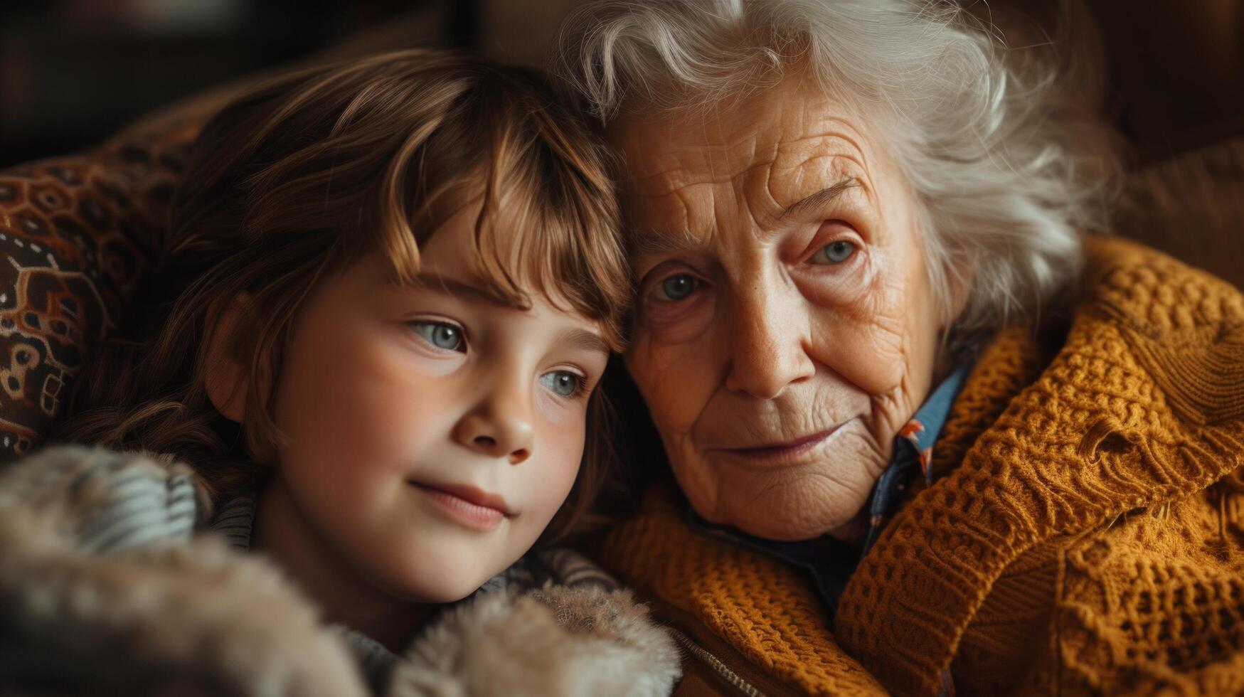 AI generated A quiet moment of a child and a grandparent sharing stories, bridging generations photo