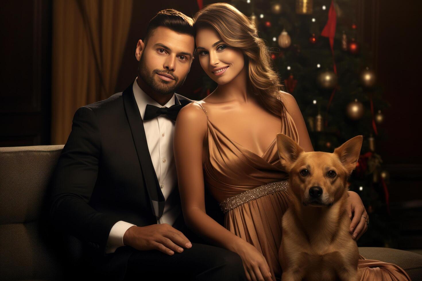 AI generated man and woman pose for a photo with their dog around a christmas tree