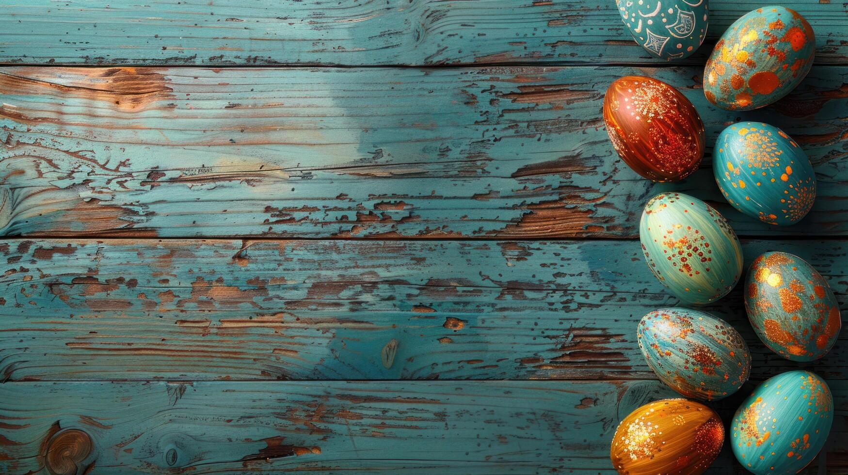 ai generado Pascua de Resurrección fiesta antecedentes con pintado huevos desplegado en de madera tableros, creando un festivo decoración foto