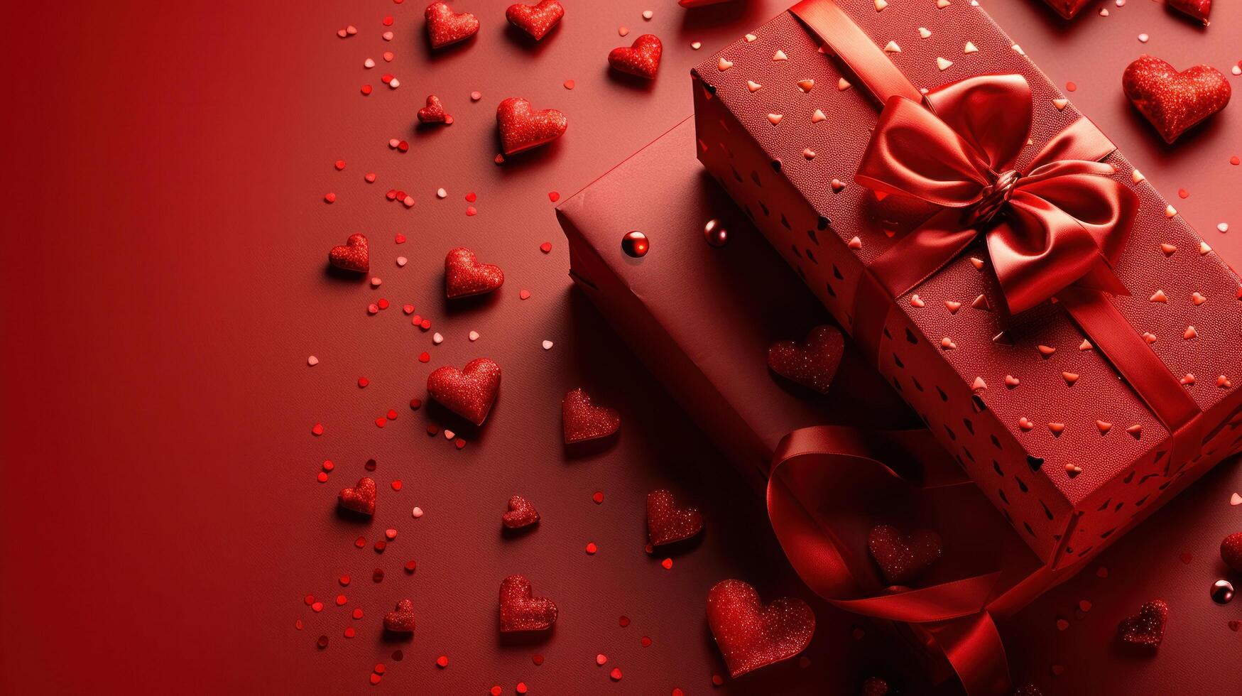 AI generated Valentine's Day gift. Banner design featuring a gift box and hearts on a red background photo