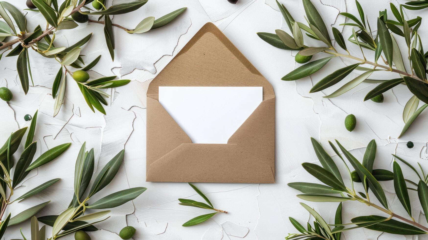 AI generated Summer wedding stationery mock-up scene with a blank vertical greeting card. photo