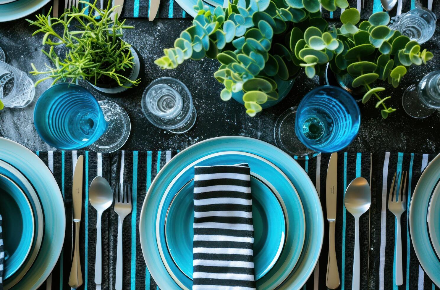 AI generated blue and white dinner table setting with plate and plants photo