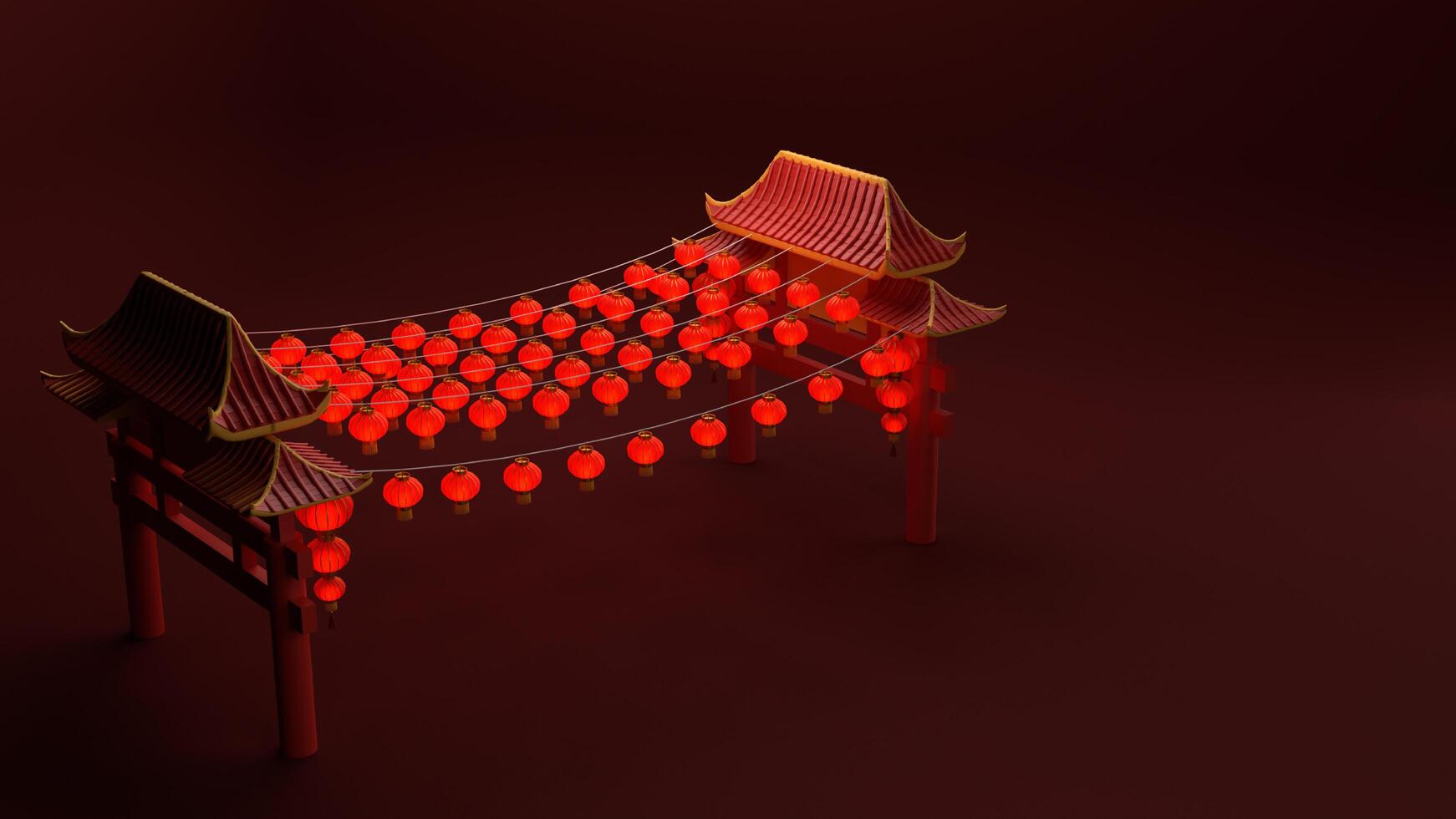 3d Illustration of Chinese Gate with Lantern and Lighting photo