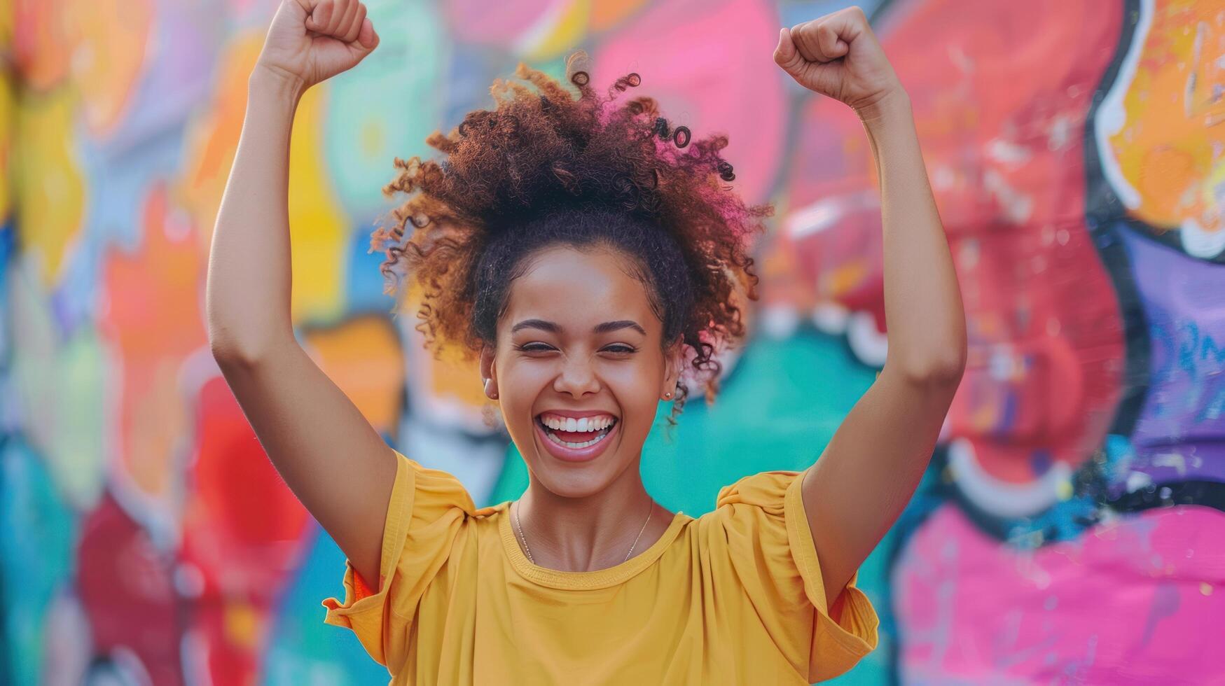AI generated Exuberant Young Woman Celebrating Vibrantly photo