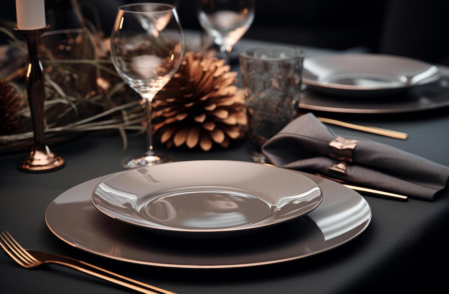 AI generated a home dinner table,gray and bronze with elements of paper and craftcore photo