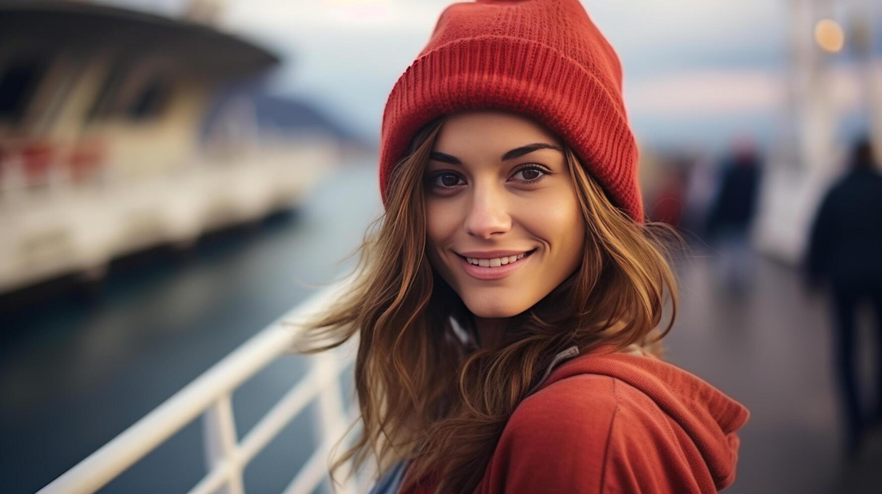 ai generado un joven hermosa mujer en un rojo sombrero, azul blusa y pantalones soportes en el muelle en el Puerto foto