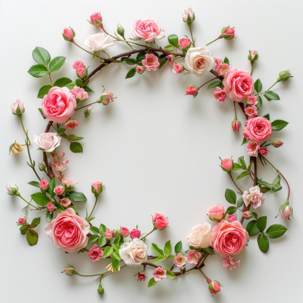 AI generated Circular wreath pattern featuring roses, pink flower buds, branches, and leaves isolated on a white background photo