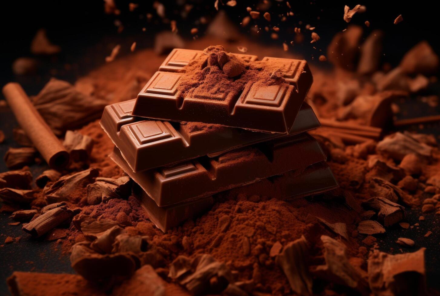 AI generated chocolate bar covered with cinnamon pieces and a piece of powder photo