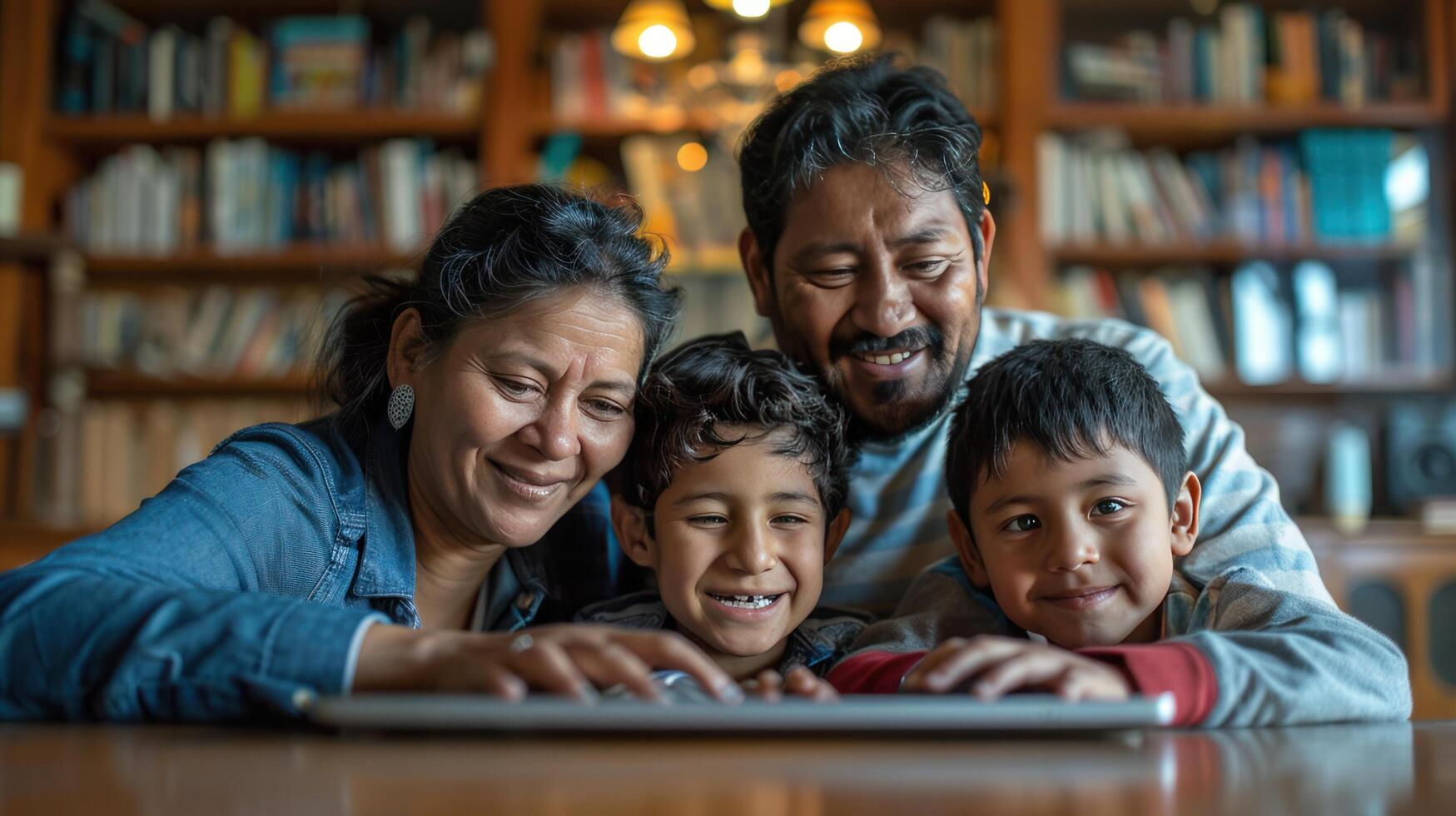ai generado latín padres y su dos niños son felizmente atractivo en en línea entretenimiento en un ordenador portátil foto